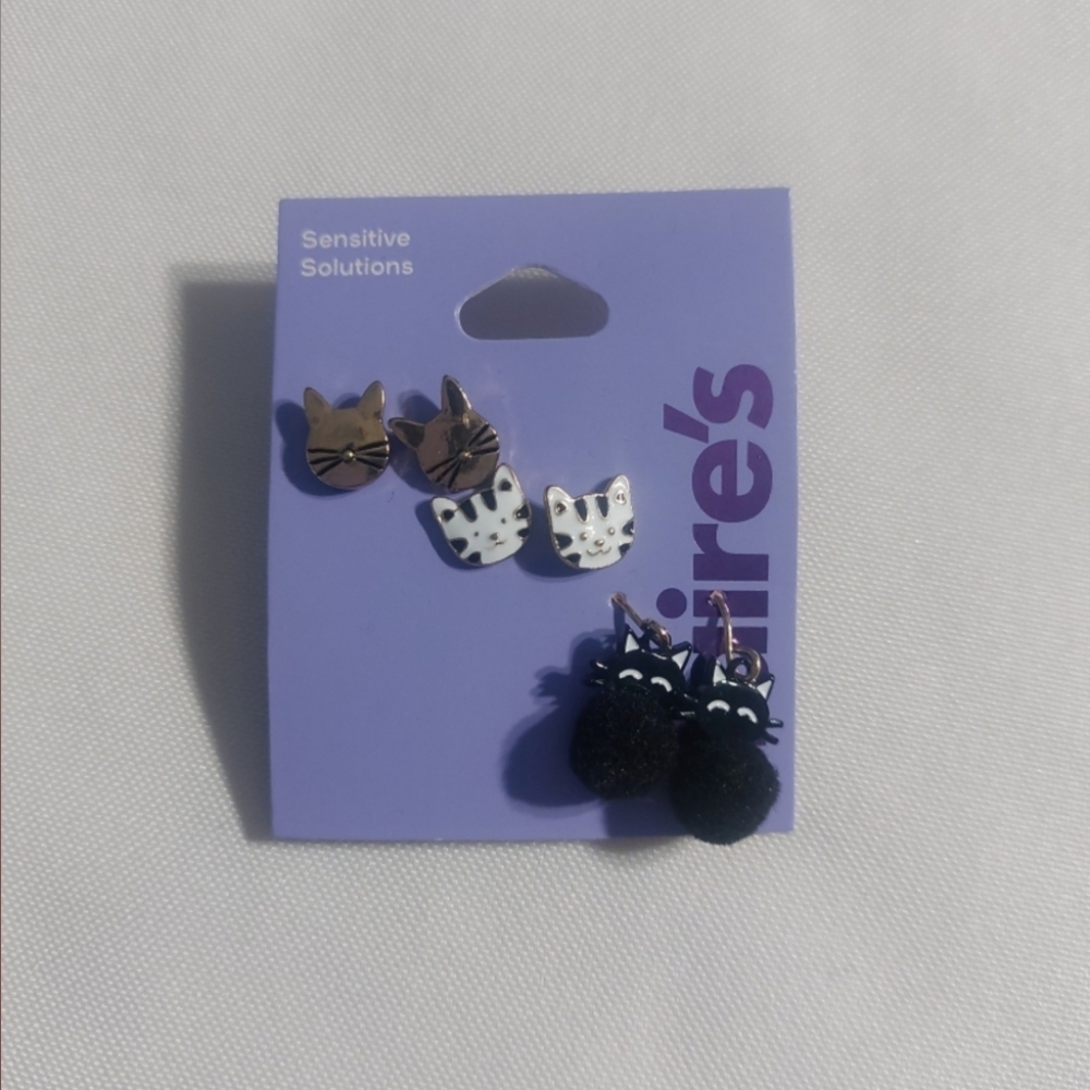 Claire's Feline Fun Earrings Set -‎ Gold, White, and Black